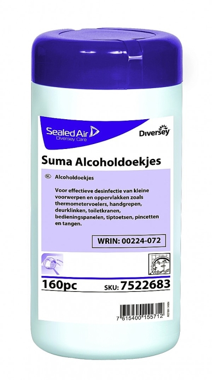 Diversey | Suma antibacteriële doekjes | 80 % alcohol | 14 x 14 cm | Doos 6 x 160 stuks